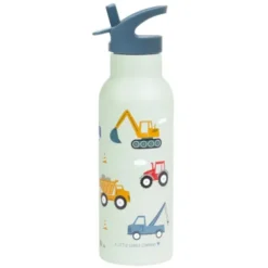 Kindertrinkflasche 0,5 l blau mit Fahrzeug Motiven - Edelstahlflasche doppelwandig mit Strohhalm & Sporttrinkverschluss