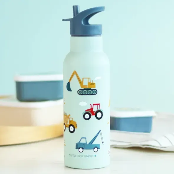 Kindertrinkflasche 0,5 l blau mit Fahrzeug Motiven - Edelstahlflasche doppelwandig mit Strohhalm & Sporttrinkverschluss