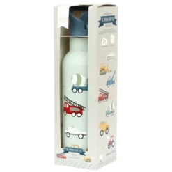 Kindertrinkflasche 0,5 l blau mit Fahrzeug Motiven - Edelstahlflasche doppelwandig mit Strohhalm & Sporttrinkverschluss