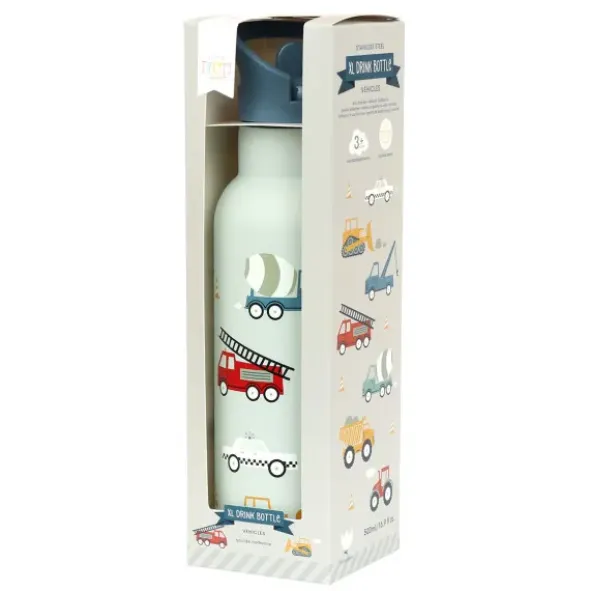 Kindertrinkflasche 0,5 l blau mit Fahrzeug Motiven - Edelstahlflasche doppelwandig mit Strohhalm & Sporttrinkverschluss