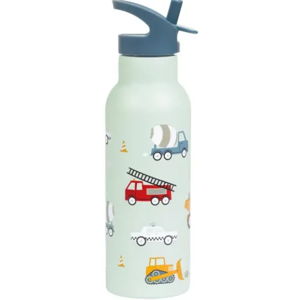 Kindertrinkflasche 0,5 l blau mit Fahrzeug Motiven - Edelstahlflasche doppelwandig mit Strohhalm & Sporttrinkverschluss