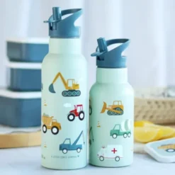 Kindertrinkflasche 0,5 l blau mit Fahrzeug Motiven - Edelstahlflasche doppelwandig mit Strohhalm & Sporttrinkverschluss