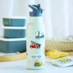 Kindertrinkflasche 0,5 l blau mit Fahrzeug Motiven - Edelstahlflasche doppelwandig mit Strohhalm & Sporttrinkverschluss