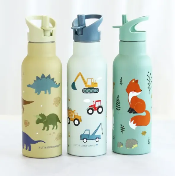 Kindertrinkflasche 0,5 l blau mit Fahrzeug Motiven - Edelstahlflasche doppelwandig mit Strohhalm & Sporttrinkverschluss