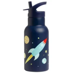Kindertrinkflasche 0,35 l blau mit Weltraum Motiv - Edelstahlflasche doppelwandig mit Strohhalm & Sporttrinkverschluss