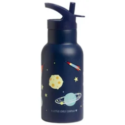 Kindertrinkflasche 0,35 l blau mit Weltraum Motiv - Edelstahlflasche doppelwandig mit Strohhalm & Sporttrinkverschluss