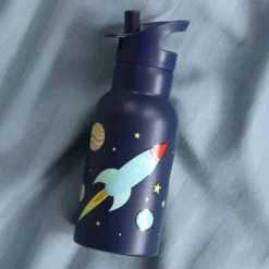 Kindertrinkflasche 0,35 l blau mit Weltraum Motiv - Edelstahlflasche doppelwandig mit Strohhalm & Sporttrinkverschluss