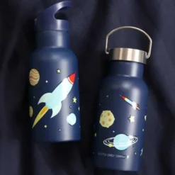 Kindertrinkflasche 0,35 l blau mit Weltraum Motiv - Edelstahlflasche doppelwandig mit Strohhalm & Sporttrinkverschluss