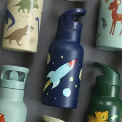 Kindertrinkflasche 0,35 l blau mit Weltraum Motiv - Edelstahlflasche doppelwandig mit Strohhalm & Sporttrinkverschluss