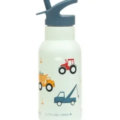 Kindertrinkflasche 0,35 l blau mit Fahrzeuge Motiv - Edelstahlflasche doppelwandig mit Strohhalm & Sporttrinkverschluss