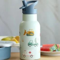 Kindertrinkflasche 0,35 l blau mit Fahrzeuge Motiv - Edelstahlflasche doppelwandig mit Strohhalm & Sporttrinkverschluss