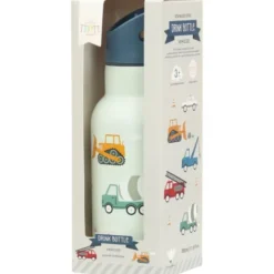 Kindertrinkflasche 0,35 l blau mit Fahrzeuge Motiv - Edelstahlflasche doppelwandig mit Strohhalm & Sporttrinkverschluss