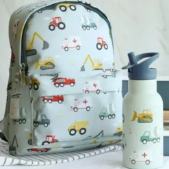 Kindertrinkflasche 0,35 l blau mit Fahrzeuge Motiv - Edelstahlflasche doppelwandig mit Strohhalm & Sporttrinkverschluss