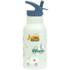 Kindertrinkflasche 0,35 l blau mit Fahrzeuge Motiv - Edelstahlflasche doppelwandig mit Strohhalm & Sporttrinkverschluss