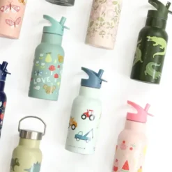 Kindertrinkflasche 0,35 l blau mit Fahrzeuge Motiv - Edelstahlflasche doppelwandig mit Strohhalm & Sporttrinkverschluss