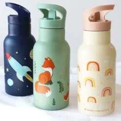 Kindertrinkflasche 0,35 l gelb mit Regenbogen Motiv - Edelstahlflasche doppelwandig mit Strohhalm & Sporttrinkverschluss