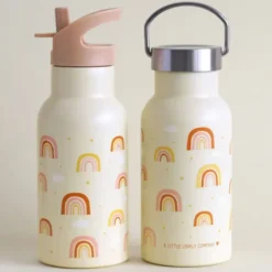 Kindertrinkflasche 0,35 l gelb mit Regenbogen Motiv - Edelstahlflasche doppelwandig mit Strohhalm & Sporttrinkverschluss