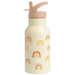 Kindertrinkflasche 0,35 l gelb mit Regenbogen Motiv - Edelstahlflasche doppelwandig mit Strohhalm & Sporttrinkverschluss