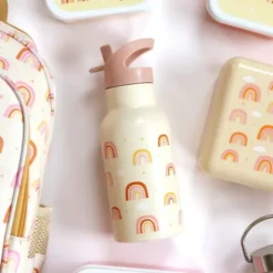 Kindertrinkflasche 0,35 l gelb mit Regenbogen Motiv - Edelstahlflasche doppelwandig mit Strohhalm & Sporttrinkverschluss