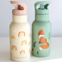 Kindertrinkflasche 0,35 l gelb mit Regenbogen Motiv - Edelstahlflasche doppelwandig mit Strohhalm & Sporttrinkverschluss