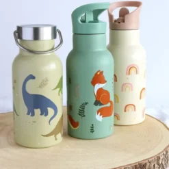 Kindertrinkflasche 0,35 l gelb mit Regenbogen Motiv - Edelstahlflasche doppelwandig mit Strohhalm & Sporttrinkverschluss