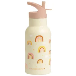 Kindertrinkflasche 0,35 l gelb mit Regenbogen Motiv - Edelstahlflasche doppelwandig mit Strohhalm & Sporttrinkverschluss