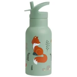 Kindertrinkflasche 0,35 l grün mit Waldtier Motiv - Edelstahlflasche doppelwandig mit Strohhalm & Sporttrinkverschluss
