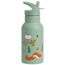 Kindertrinkflasche 0,35 l grün mit Waldtier Motiv - Edelstahlflasche doppelwandig mit Strohhalm & Sporttrinkverschluss