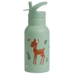 Kindertrinkflasche 0,35 l grün mit Waldtier Motiv - Edelstahlflasche doppelwandig mit Strohhalm & Sporttrinkverschluss