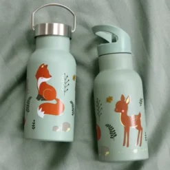 Kindertrinkflasche 0,35 l grün mit Waldtier Motiv - Edelstahlflasche doppelwandig mit Strohhalm & Sporttrinkverschluss