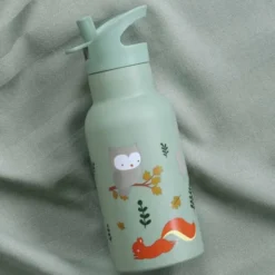 Kindertrinkflasche 0,35 l grün mit Waldtier Motiv - Edelstahlflasche doppelwandig mit Strohhalm & Sporttrinkverschluss