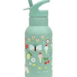 Kindertrinkflasche 0,35 l grün mit Schmetterling Motiv - Edelstahlflasche doppelwandig mit Strohhalm & Sporttrinkverschluss