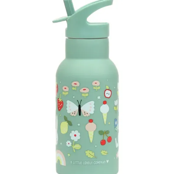 Kindertrinkflasche 0,35 l grün mit Schmetterling Motiv - Edelstahlflasche doppelwandig mit Strohhalm & Sporttrinkverschluss