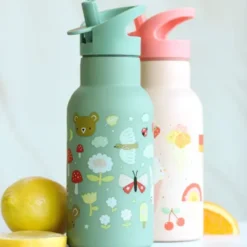 Kindertrinkflasche 0,35 l grün mit Schmetterling Motiv - Edelstahlflasche doppelwandig mit Strohhalm & Sporttrinkverschluss