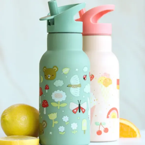 Kindertrinkflasche 0,35 l grün mit Schmetterling Motiv - Edelstahlflasche doppelwandig mit Strohhalm & Sporttrinkverschluss