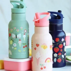 Kindertrinkflasche 0,35 l grün mit Schmetterling Motiv - Edelstahlflasche doppelwandig mit Strohhalm & Sporttrinkverschluss