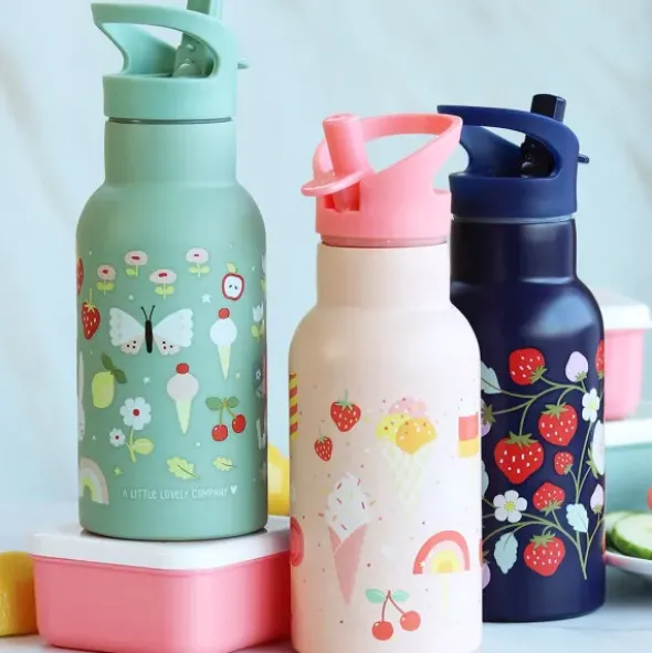 Kindertrinkflasche 0,35 l grün mit Schmetterling Motiv - Edelstahlflasche doppelwandig mit Strohhalm & Sporttrinkverschluss