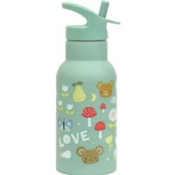 Kindertrinkflasche 0,35 l grün mit Schmetterling Motiv - Edelstahlflasche doppelwandig mit Strohhalm & Sporttrinkverschluss
