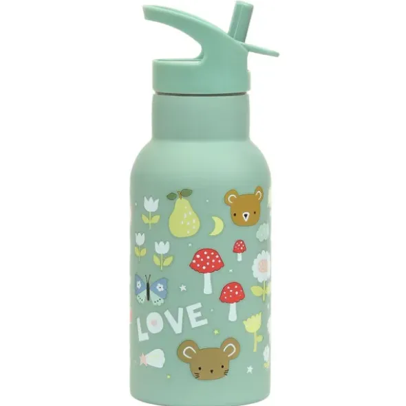 Kindertrinkflasche 0,35 l grün mit Schmetterling Motiv - Edelstahlflasche doppelwandig mit Strohhalm & Sporttrinkverschluss