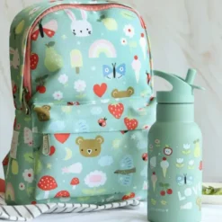 Kindertrinkflasche 0,35 l grün mit Schmetterling Motiv - Edelstahlflasche doppelwandig mit Strohhalm & Sporttrinkverschluss
