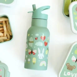 Kindertrinkflasche 0,35 l grün mit Schmetterling Motiv - Edelstahlflasche doppelwandig mit Strohhalm & Sporttrinkverschluss