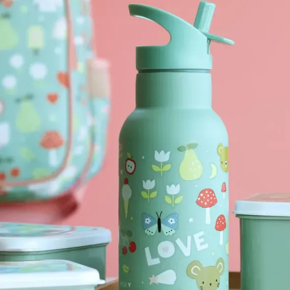Kindertrinkflasche 0,35 l grün mit Schmetterling Motiv - Edelstahlflasche doppelwandig mit Strohhalm & Sporttrinkverschluss