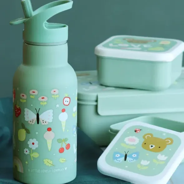 Kindertrinkflasche 0,35 l grün mit Schmetterling Motiv - Edelstahlflasche doppelwandig mit Strohhalm & Sporttrinkverschluss