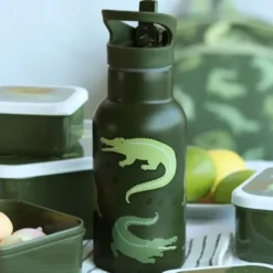 Kindertrinkflasche 0,35 l grün mit Krokodil Motiv - Edelstahlflasche doppelwandig mit Strohhalm & Sporttrinkverschluss