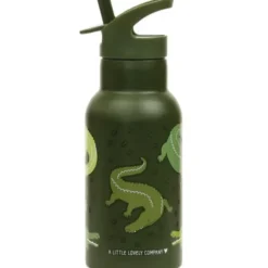Kindertrinkflasche 0,35 l grün mit Krokodil Motiv - Edelstahlflasche doppelwandig mit Strohhalm & Sporttrinkverschluss