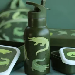 Kindertrinkflasche 0,35 l grün mit Krokodil Motiv - Edelstahlflasche doppelwandig mit Strohhalm & Sporttrinkverschluss