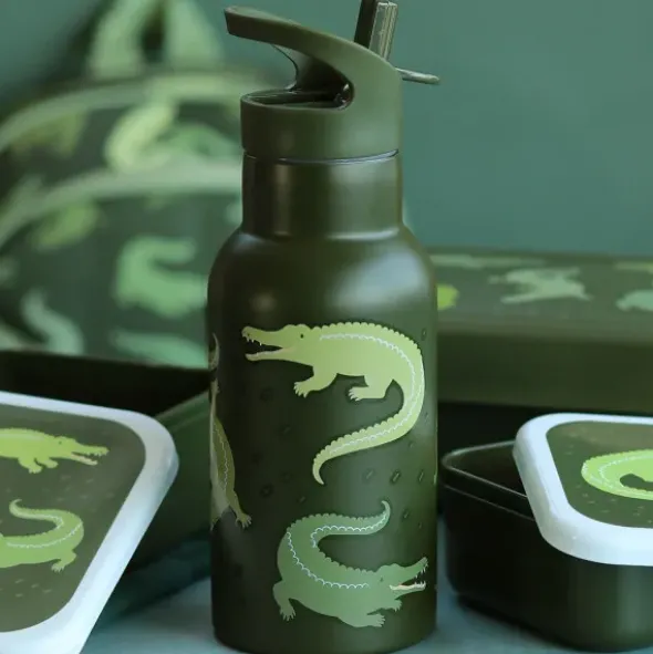 Kindertrinkflasche 0,35 l grün mit Krokodil Motiv - Edelstahlflasche doppelwandig mit Strohhalm & Sporttrinkverschluss