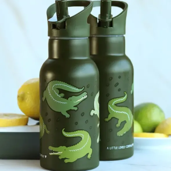 Kindertrinkflasche 0,35 l grün mit Krokodil Motiv - Edelstahlflasche doppelwandig mit Strohhalm & Sporttrinkverschluss