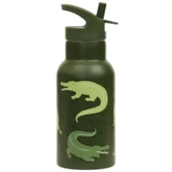 Kindertrinkflasche 0,35 l grün mit Krokodil Motiv - Edelstahlflasche doppelwandig mit Strohhalm & Sporttrinkverschluss