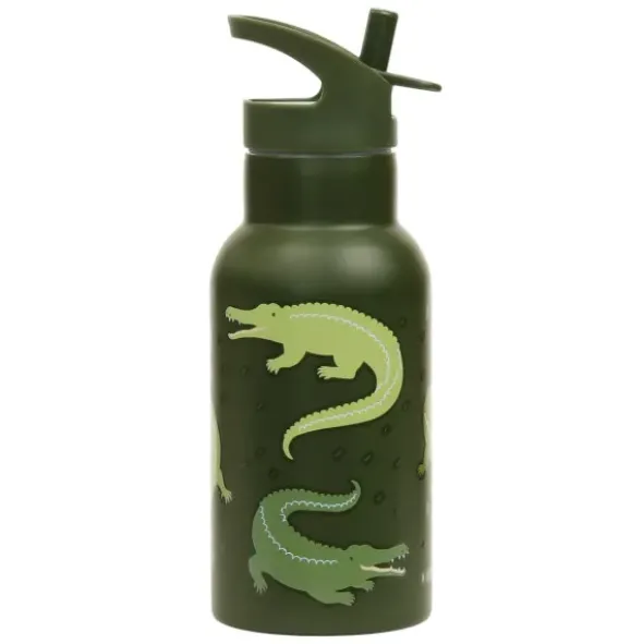 Kindertrinkflasche 0,35 l grün mit Krokodil Motiv - Edelstahlflasche doppelwandig mit Strohhalm & Sporttrinkverschluss